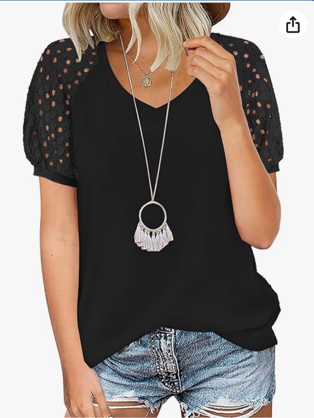 Black V-Neck Short Sleeve Top with Crochet Puff Sleeves